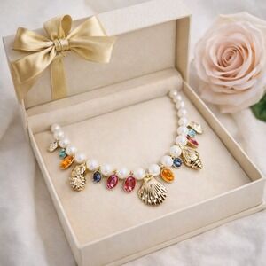 Necklace Gold-Tone Pavé Shell‎ & Stone Charm Imitation Pearl Necklace